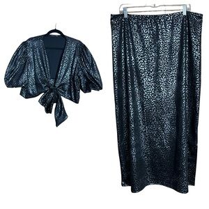 LIVD Metallic Leopard Print Black Silver Tie Front Crop Top Midi Skirt Set 3X